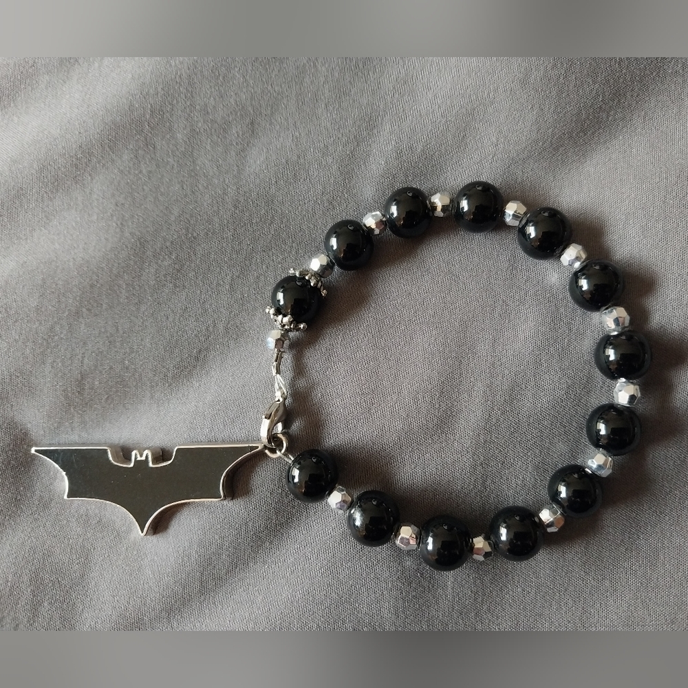 Handmade black & silver Batman beaded bracelet